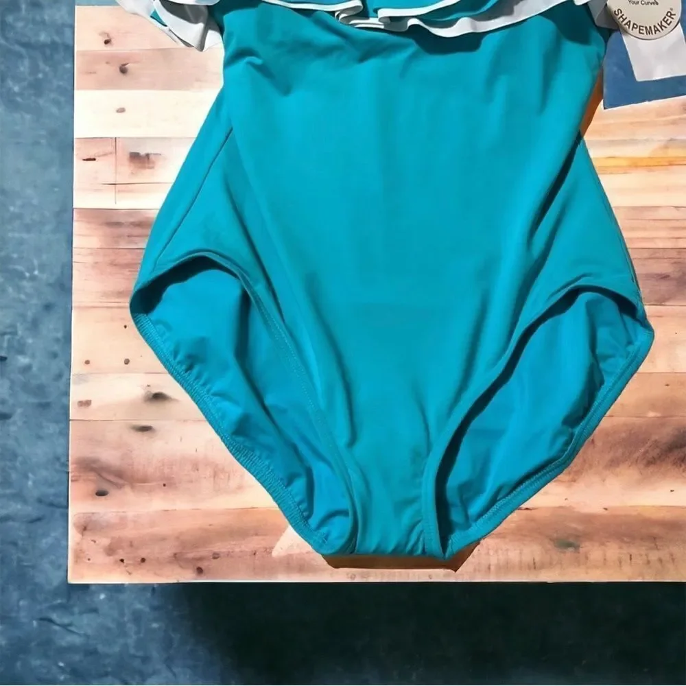 COCO REEF Contours Ruffled Strapless Tummy-Control One-Piece Swimsuit 36D, Aqua - Picture 3 of 9